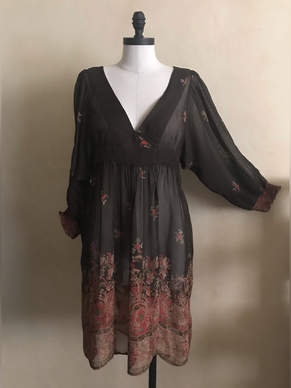 Ralph Lauren Boho Dress in Dark Brown with Floral Border Print